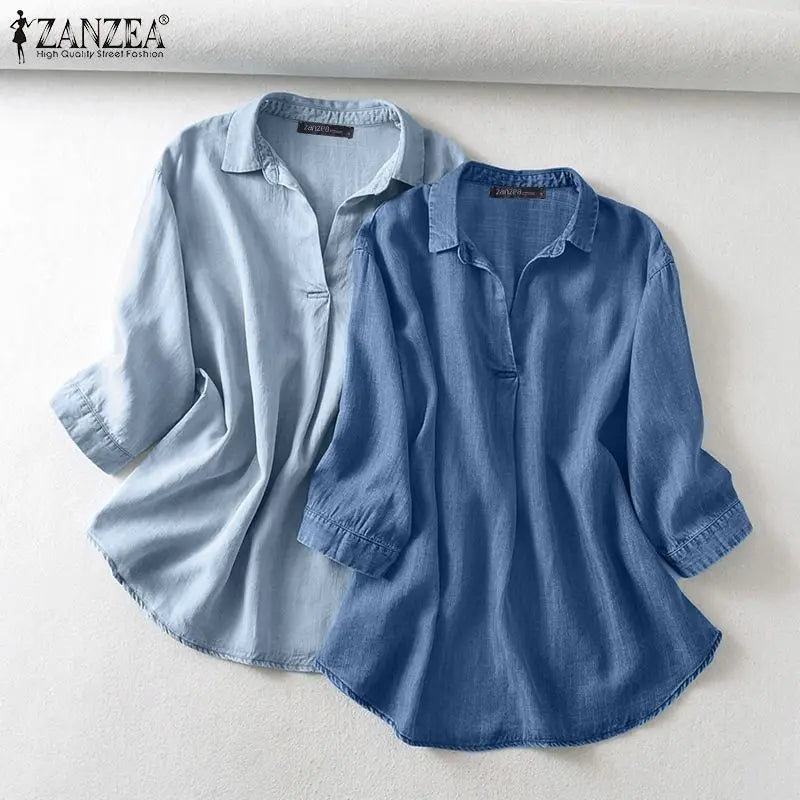 ZANZEA Women's Denim Blouse – Casual 3/4 Sleeve Tunic for Work