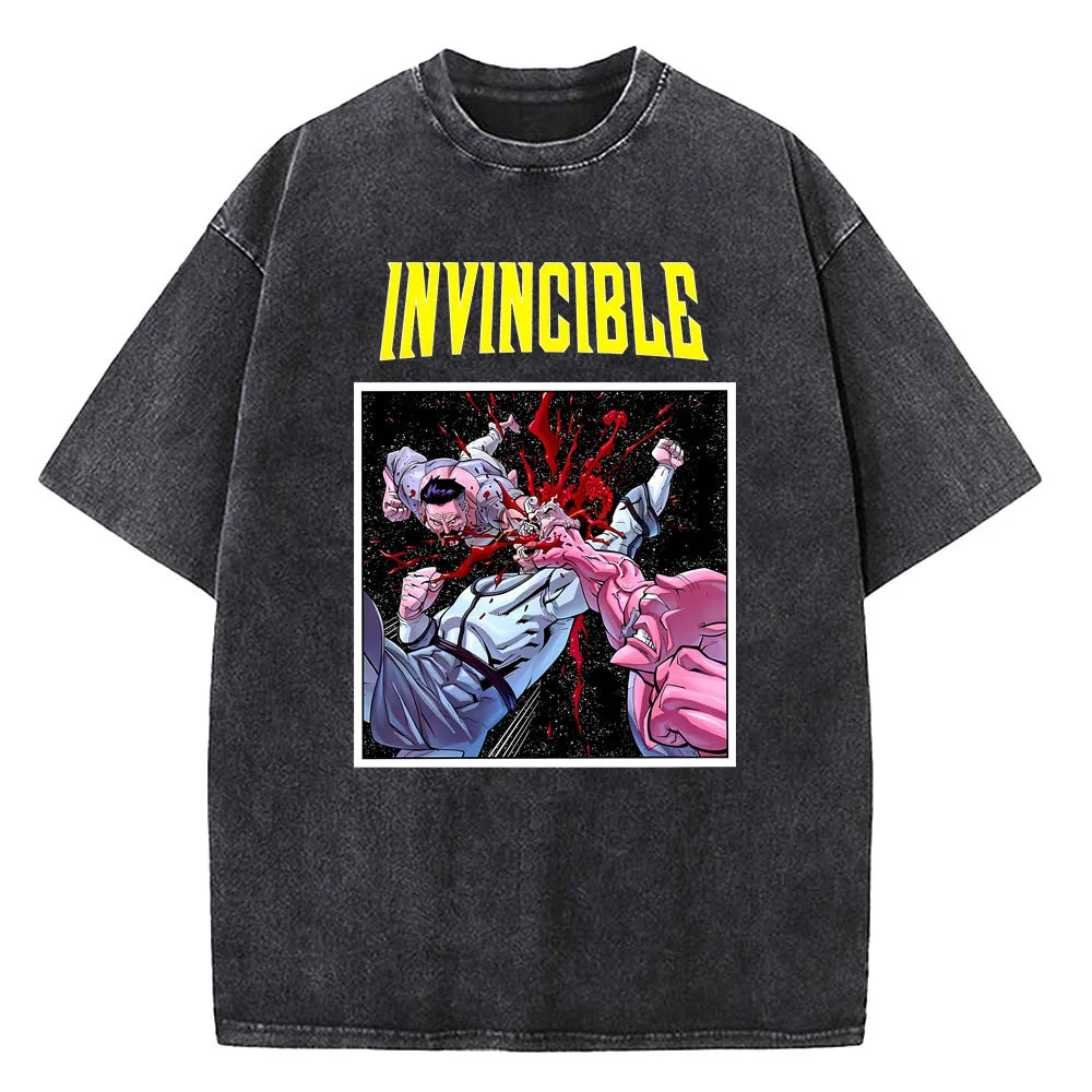 Unisex Summer T-Shirt – "Invincible Hero" Vintage Washed Cotton, Crew Neck