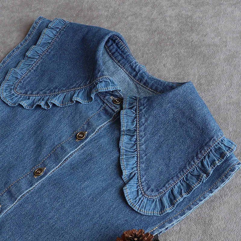 Fashion Denim Ruffle Fake Collar Shirt for Women, Detachable Lapel, Tie Half Blouse.
