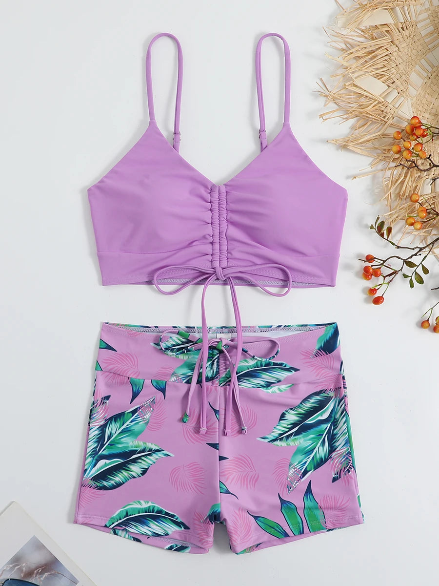2025 Tropical Bikini – High waist, tie-front shorts.