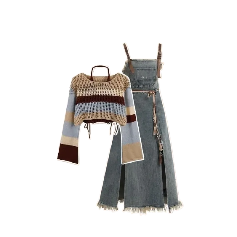 Spring Vintage Denim Skirt Set, Knit Shirt + Split Dress.