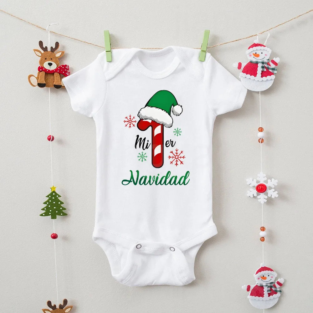 My First Christmas" Spanish Bodysuit: Newborn Short Sleeve Romper for Xmas Party