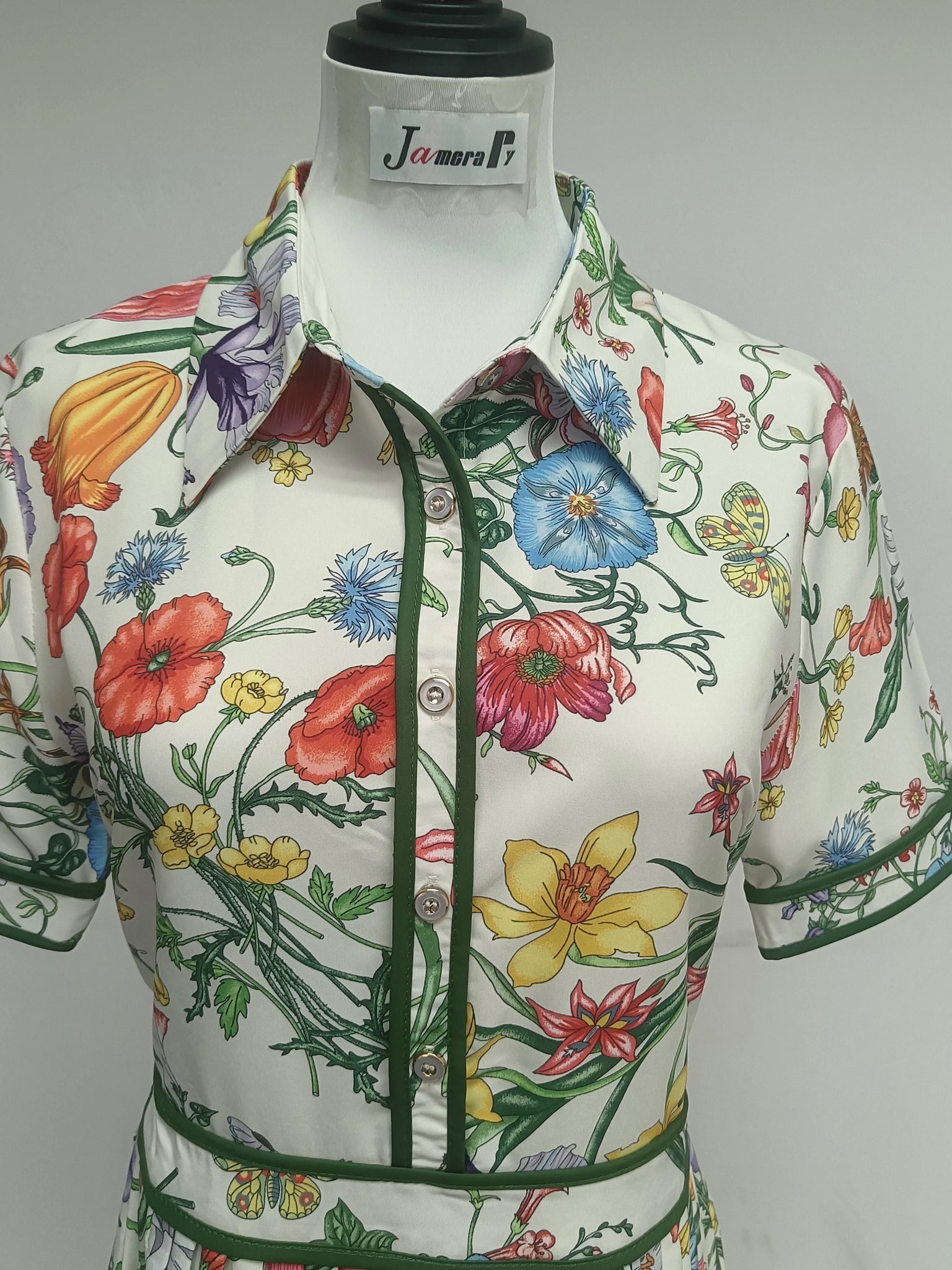 JAMERARY Floral Print Pleated Midi Dress – Elegant Summer Shirt Dress for Office