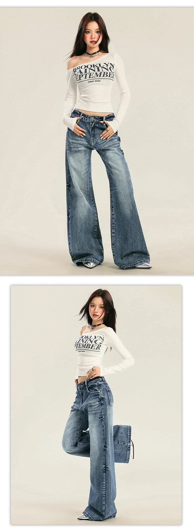 Autumn Women’s Washed Denim Wide-Leg High-Waisted Jeans.