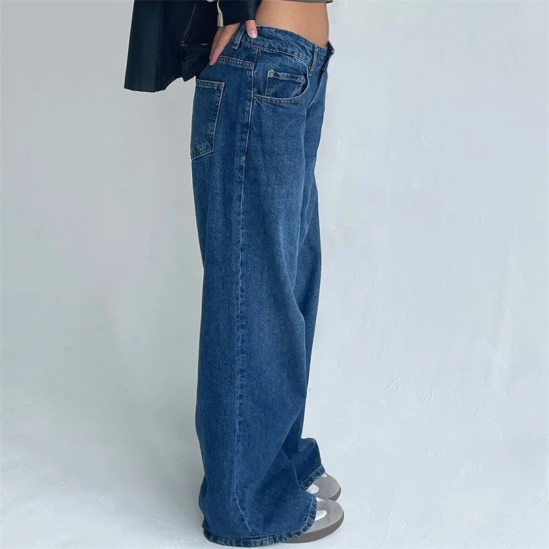 Lamuusaa Y2K Jeans for Women – Low-Waist, Wide-Leg Denim with Multi Pockets.
