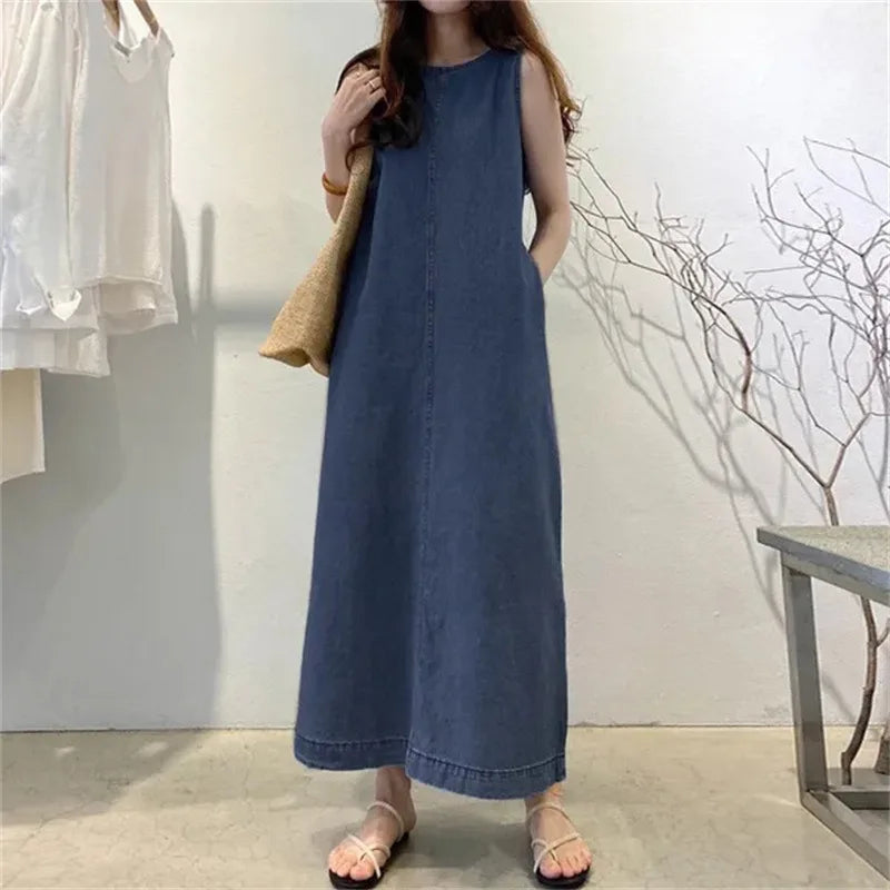 Women’s Sleeveless Denim Long Dress – Round Neck, Pocketed, Loose Fit