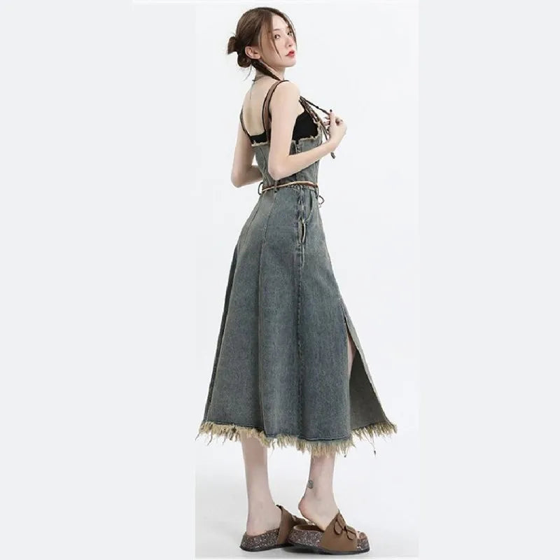 Spring Vintage Denim Skirt Set, Knit Shirt + Split Dress.