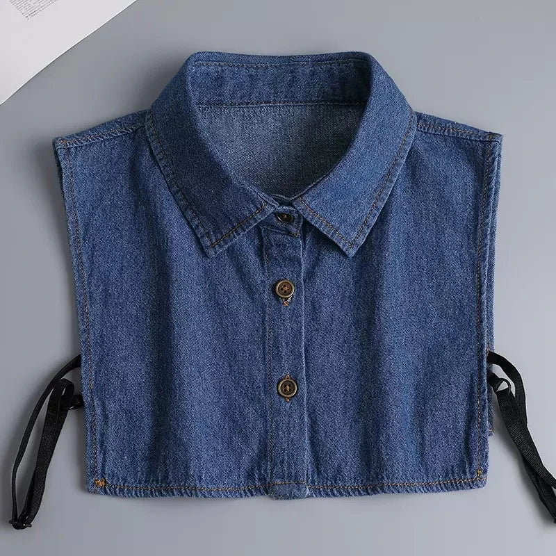 Fashion Denim Ruffle Fake Collar Shirt for Women, Detachable Lapel, Tie Half Blouse.