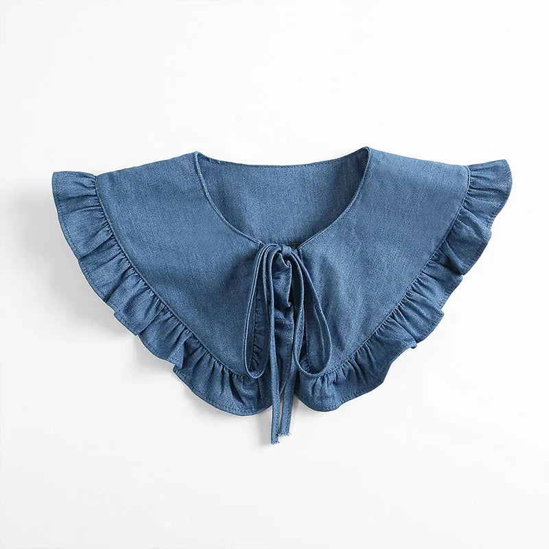 Fashion Denim Ruffle Fake Collar Shirt for Women, Detachable Lapel, Tie Half Blouse.