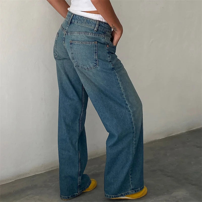 Lamuusaa Y2K Jeans for Women – Low-Waist, Wide-Leg Denim with Multi Pockets.
