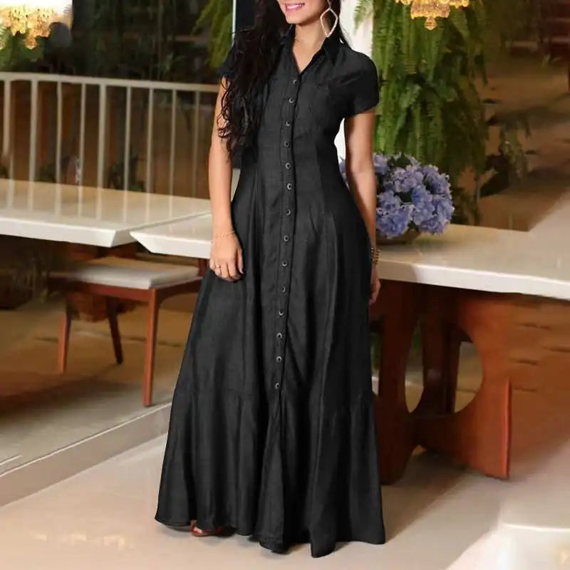 Women’s Lapel Pocket Denim Dress, Short Sleeve, Loose Single-Breasted Shirt Dress.