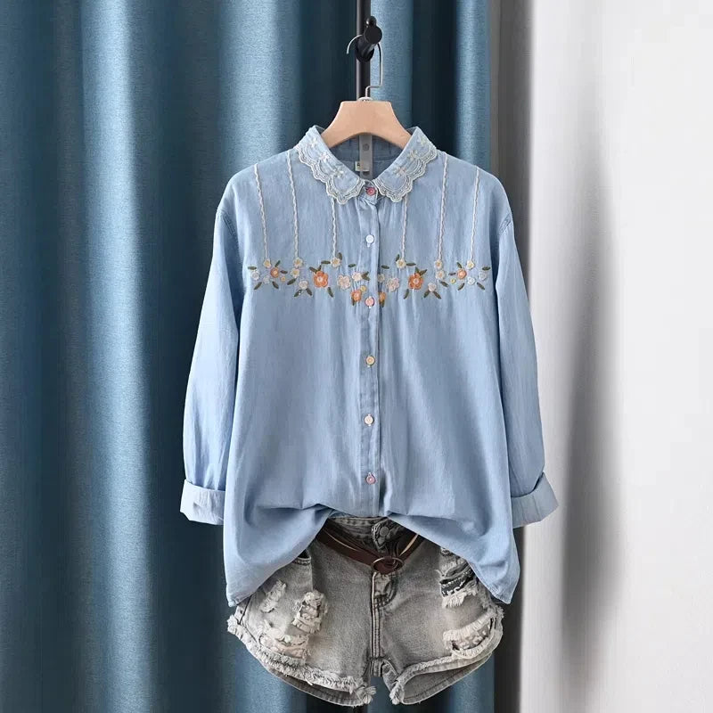 Harajuku Y2K Denim Shirt, Women's Spring Top, Floral Embroidery, Long Sleeve.