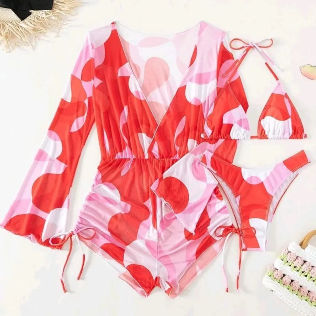 2024 New Swimsuit 3 Pcs Set Thong Bikini with Rompers Womens Jumpsuit Beach Wear Print Swimwear Sexy Bathing Suit Pool Beachwear