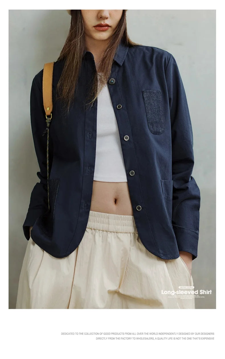 Maden Denim Patchwork Shirt, Women's Long Sleeve Casual Jacket, Navy Blue.