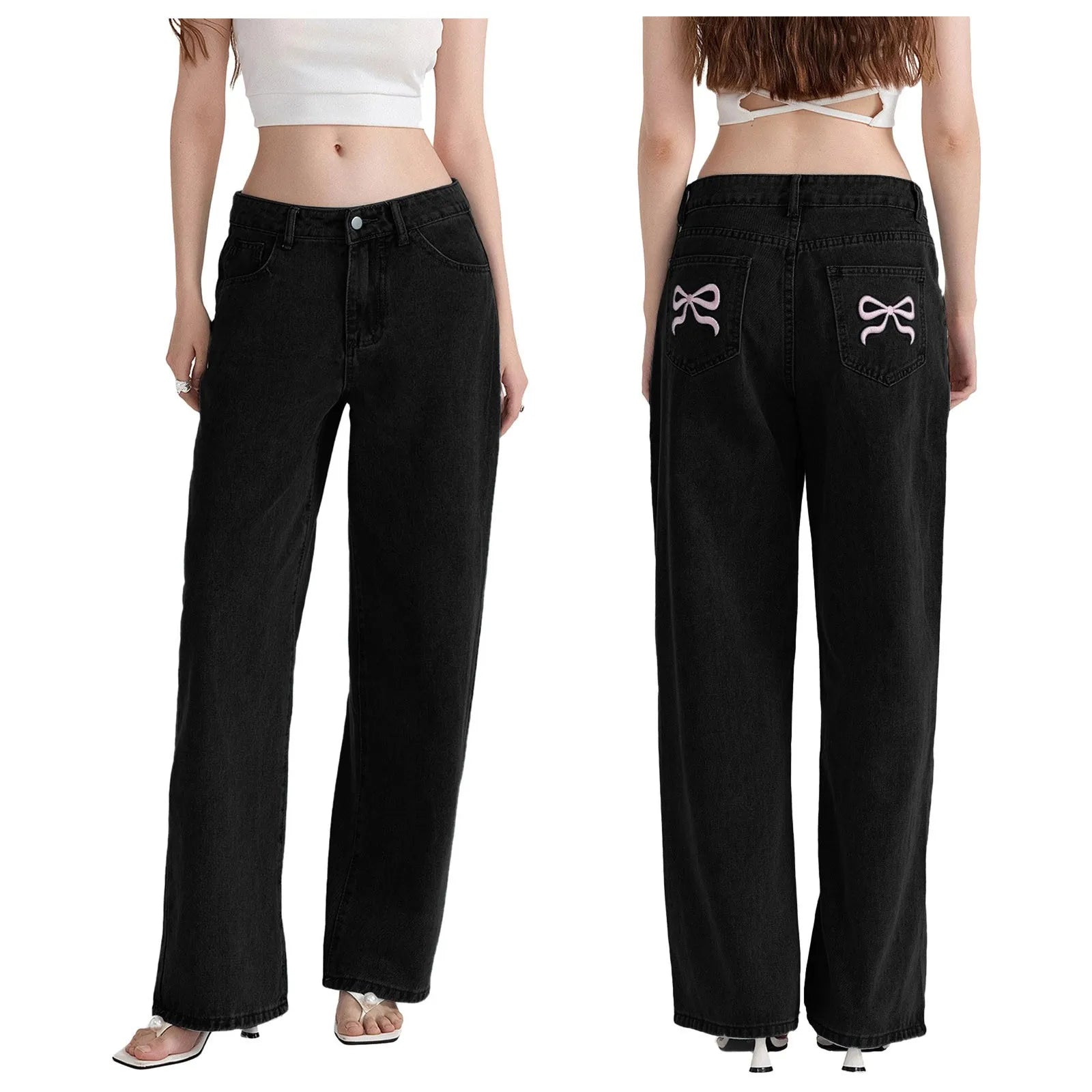 Tie-Bow Embroidery Jeans for Women – High-Waist, Baggy, Vintage Y2K Wide-Leg Denim.