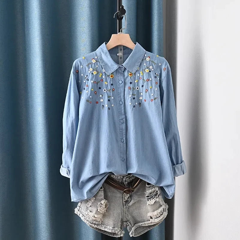 Harajuku Y2K Denim Shirt, Women's Spring Top, Floral Embroidery, Long Sleeve.