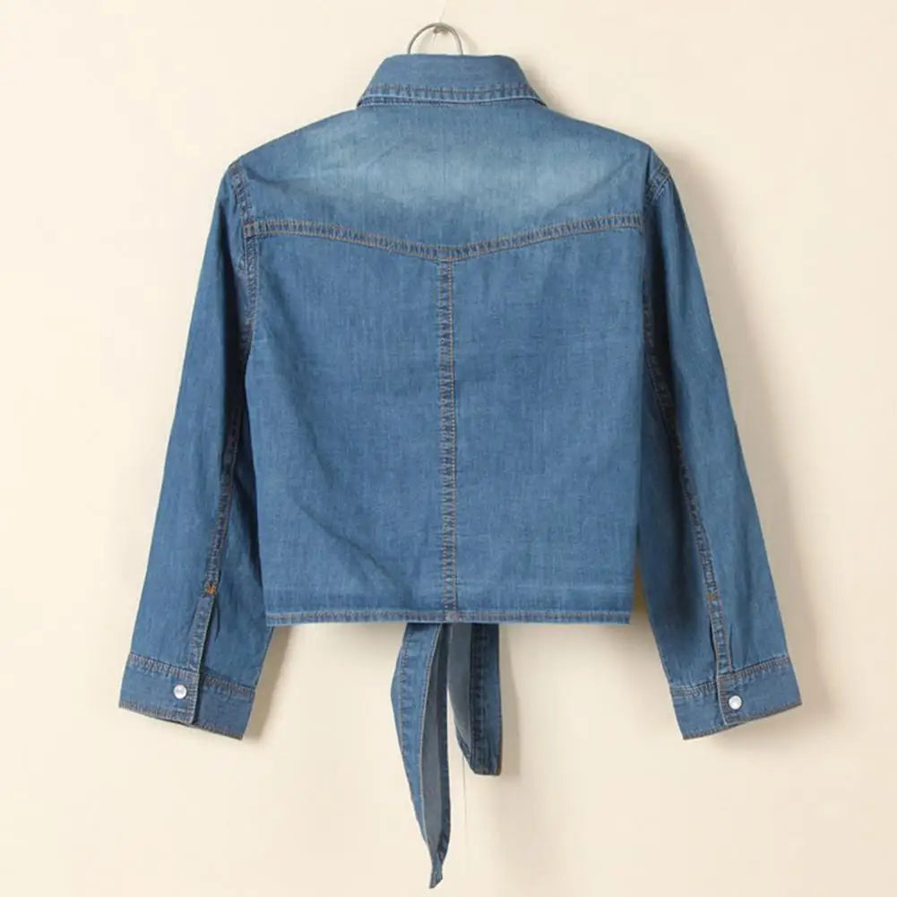 Tie Knot Denim Jacket, Cropped Length, Single-Breasted, Lace-Up Blue Jeans Cardigan.