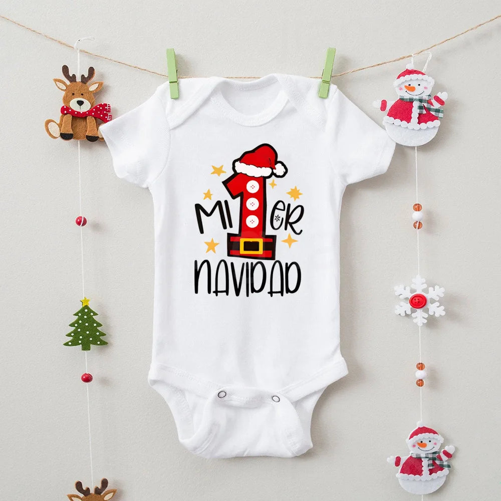 My First Christmas" Spanish Bodysuit: Newborn Short Sleeve Romper for Xmas Party