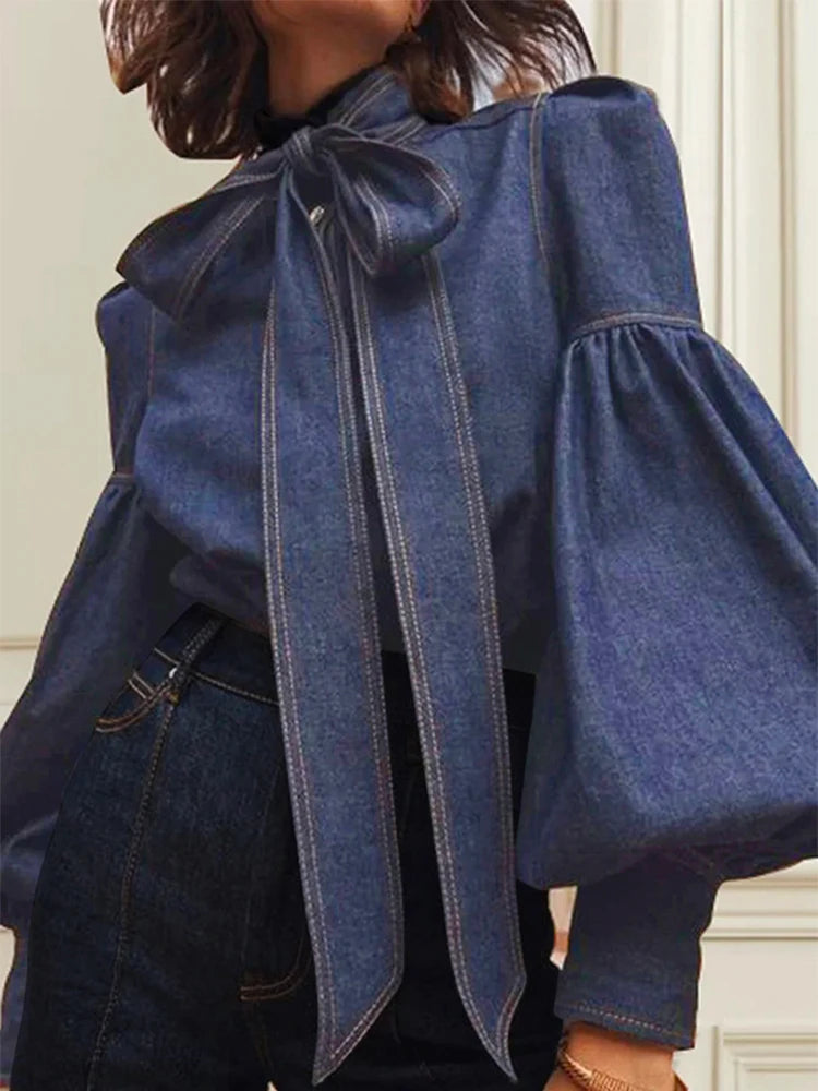 Gymystars Trendy Imitation Denim Blouse – Puff Sleeves & Bow High Neck