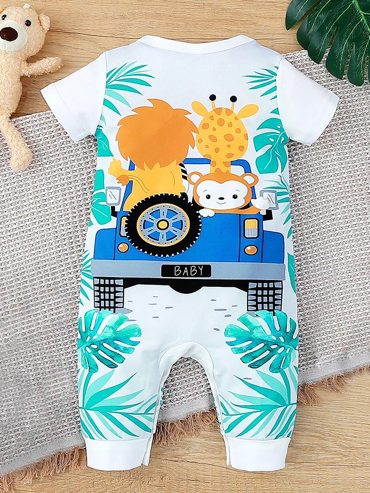 Summer Baby Boy Hoodie Romper: Short Sleeve, Long Legs, Animal Print Toddler Outfit