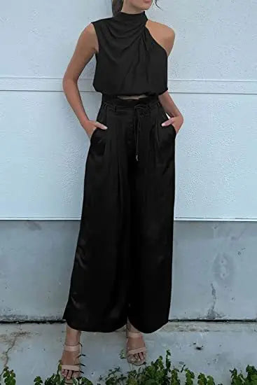 Women's 2-Piece Silk Set – Sleeveless Top & Wide Leg Pants, Summer