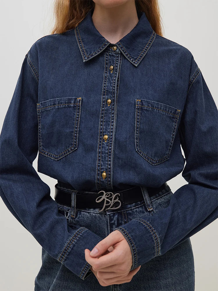 FSLE Deep Blue Denim Shirt, Women's Long Sleeve, Retro Casual Top.