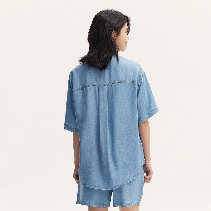 SemirSummer Denim Shirt, Women's Loose-Fit, Short-Sleeved.