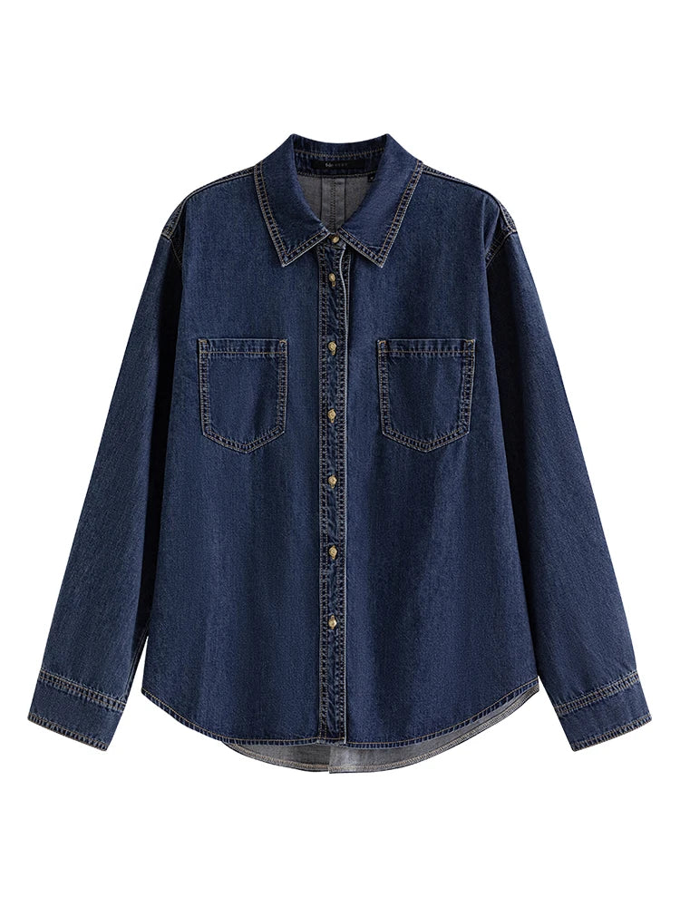 FSLE Deep Blue Denim Shirt, Women's Long Sleeve, Retro Casual Top.