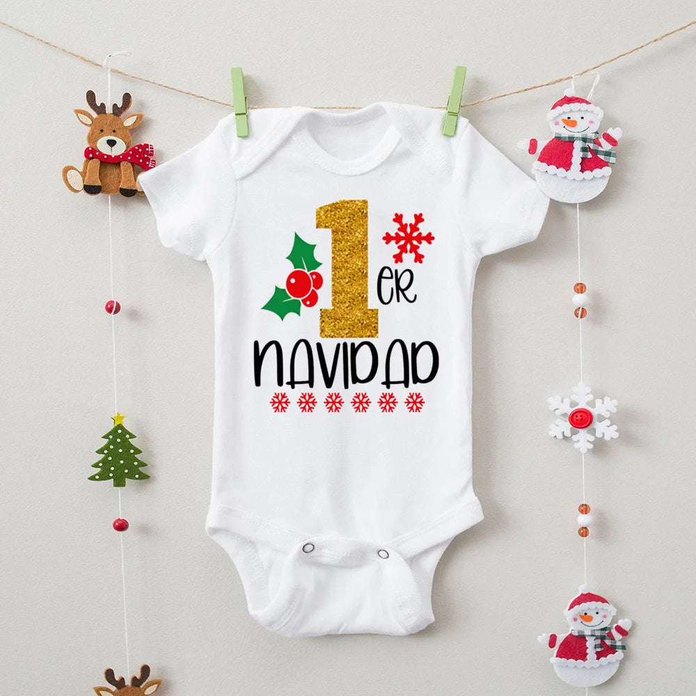 My First Christmas" Spanish Bodysuit: Newborn Short Sleeve Romper for Xmas Party