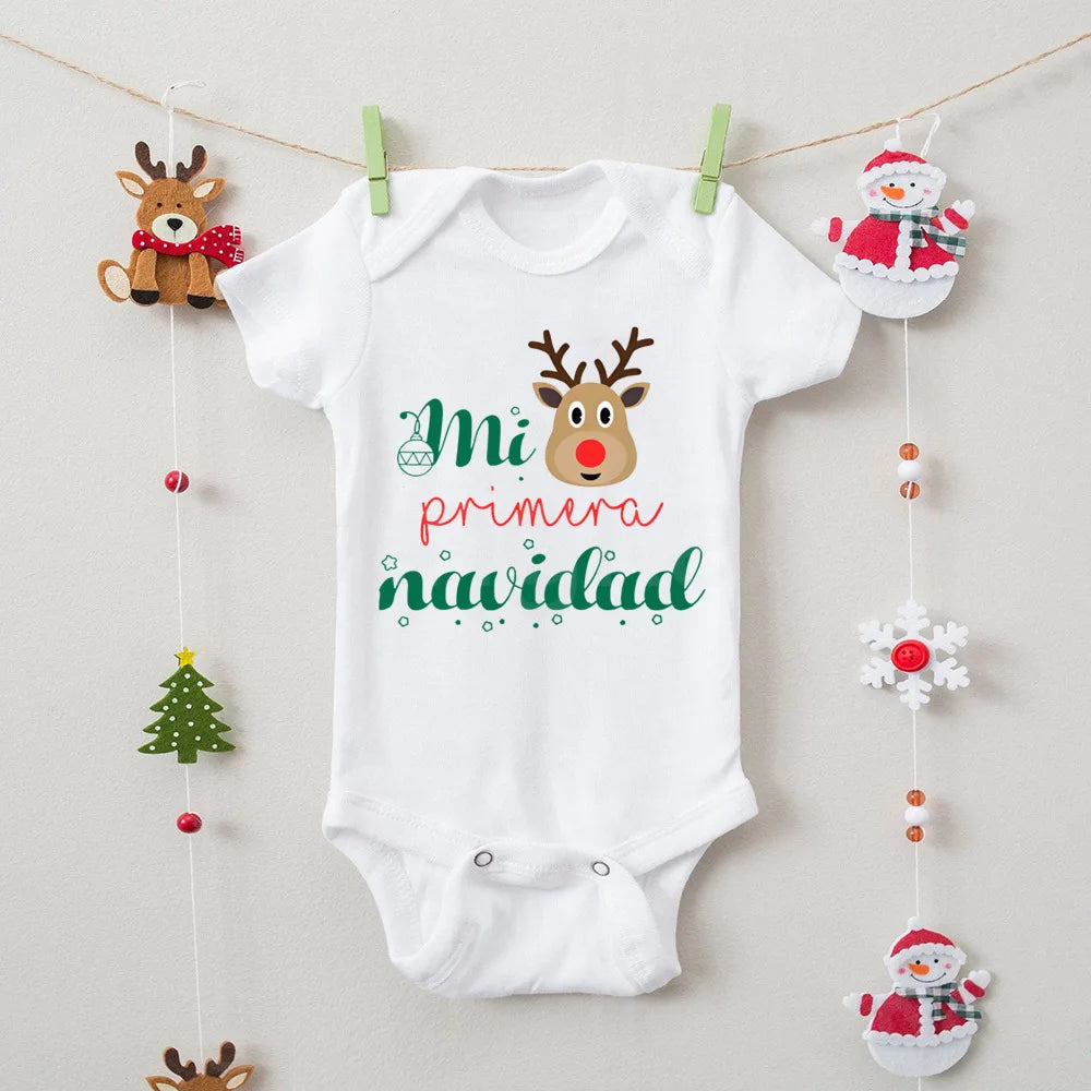 My First Christmas" Spanish Bodysuit: Newborn Short Sleeve Romper for Xmas Party