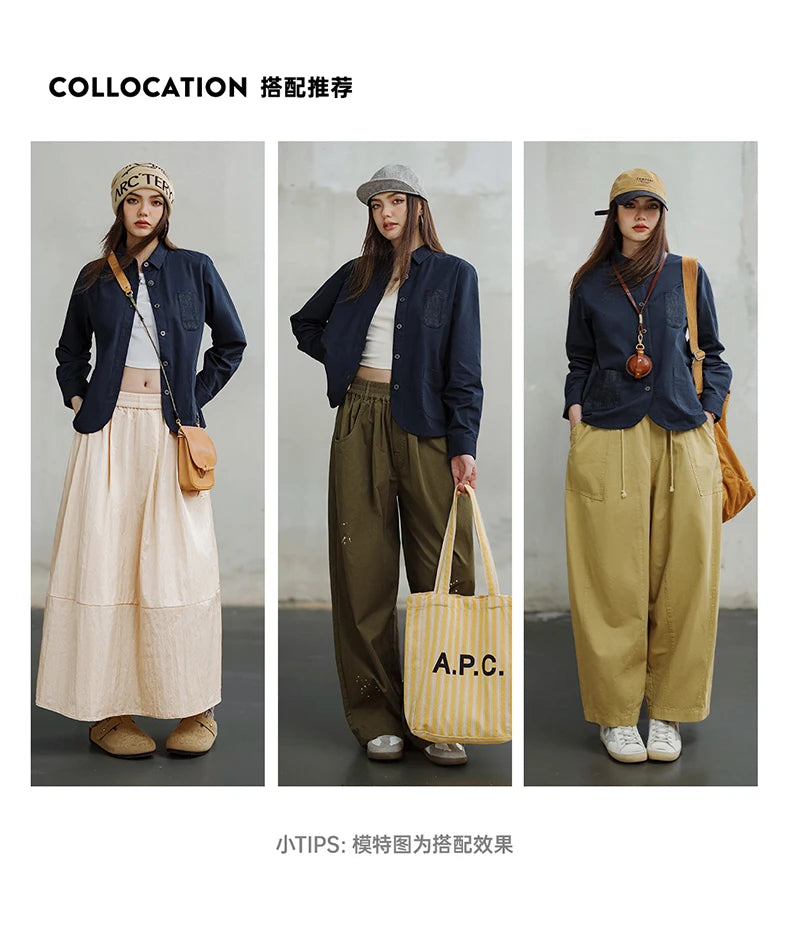 Maden Denim Patchwork Shirt, Women's Long Sleeve Casual Jacket, Navy Blue.