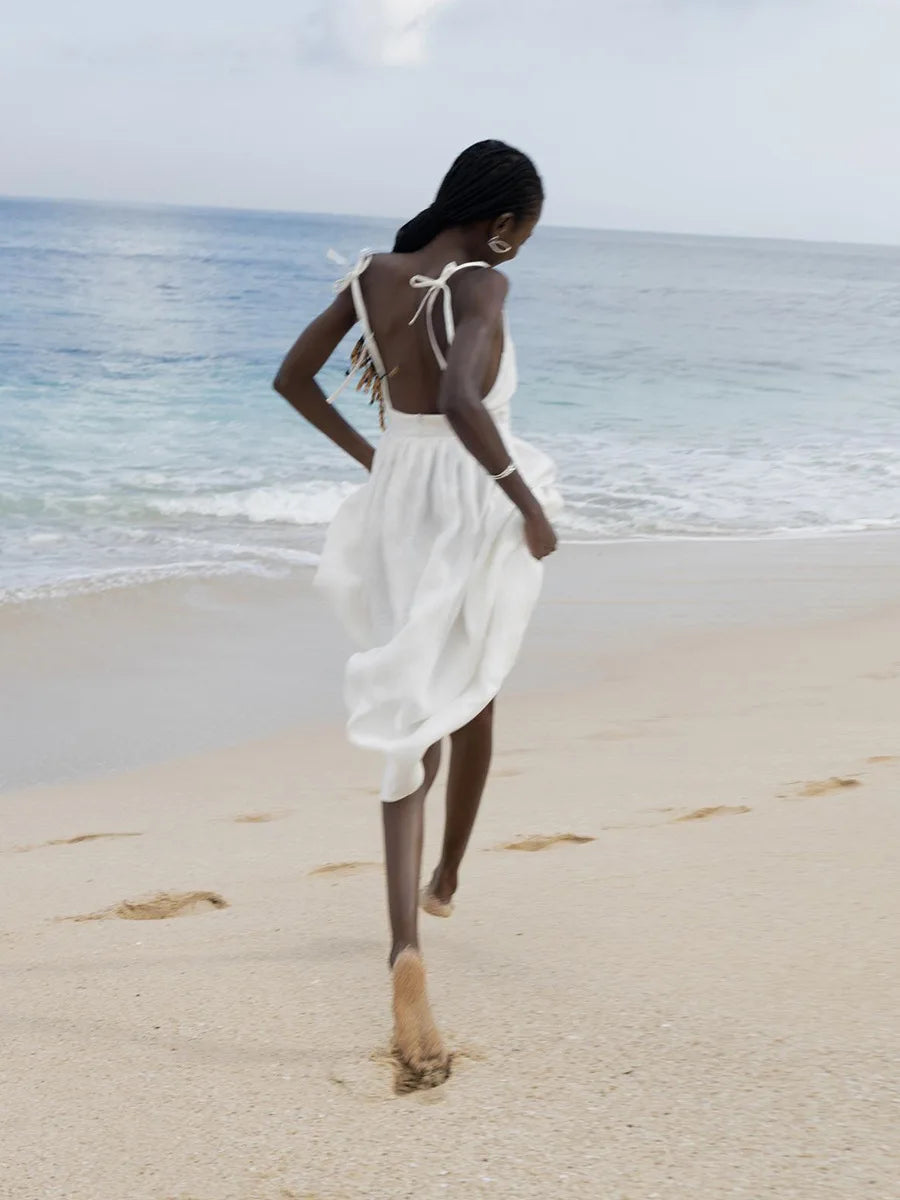Backless Pleated Halter Dress – Summer Casual Beach Vacation