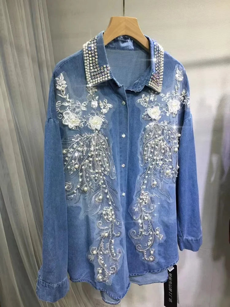 Luxury Beaded Denim Blouse, Women's Long Sleeve, Casual Top.