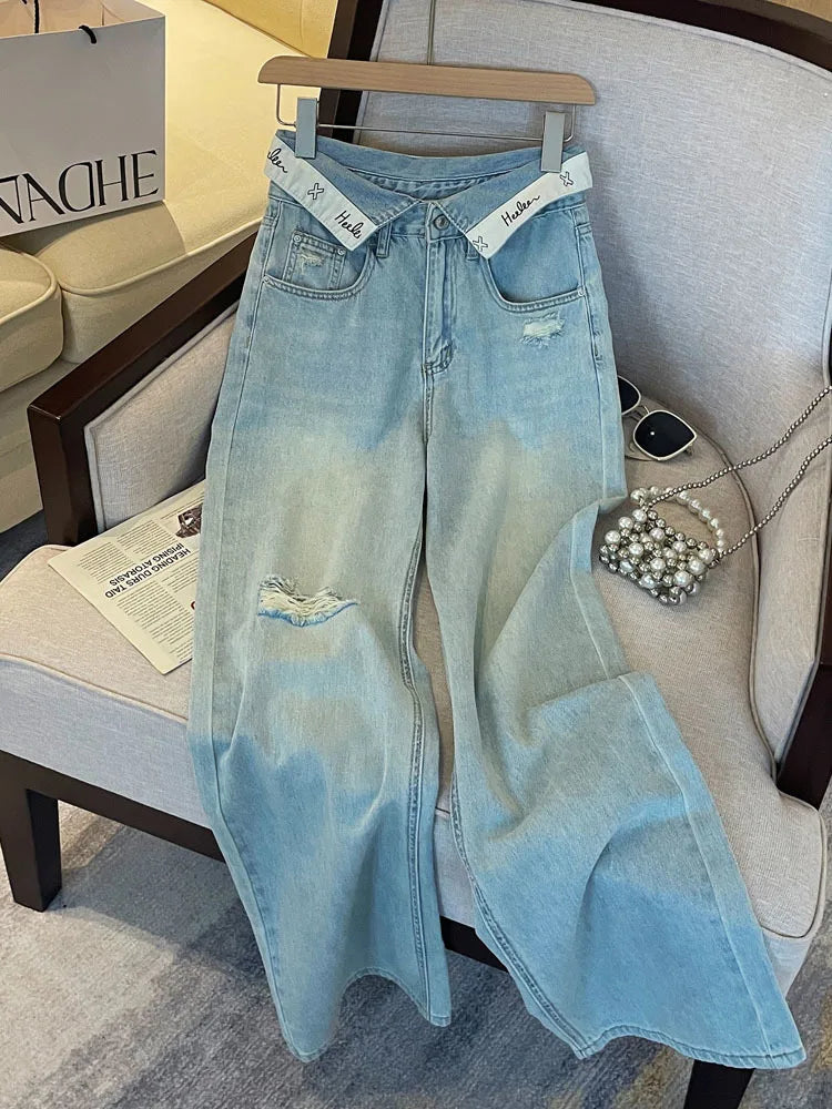 Women's Casual High Waist Wide Leg Jeans – Street Chic Letter Print Denim