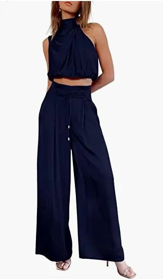 Women's 2-Piece Silk Set – Sleeveless Top & Wide Leg Pants, Summer