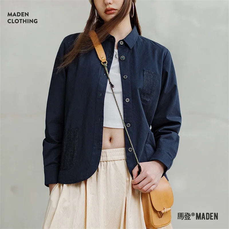 Maden Denim Patchwork Shirt, Women's Long Sleeve Casual Jacket, Navy Blue.