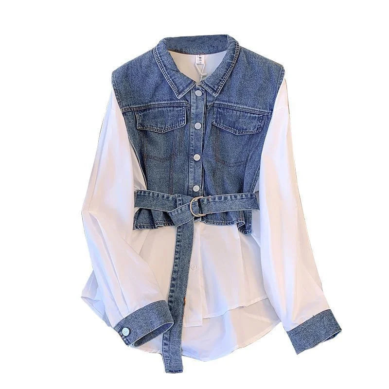 Women’s Denim Shirt, Long Sleeve, Splicing Fake Two-Piece Loose Blouse.
