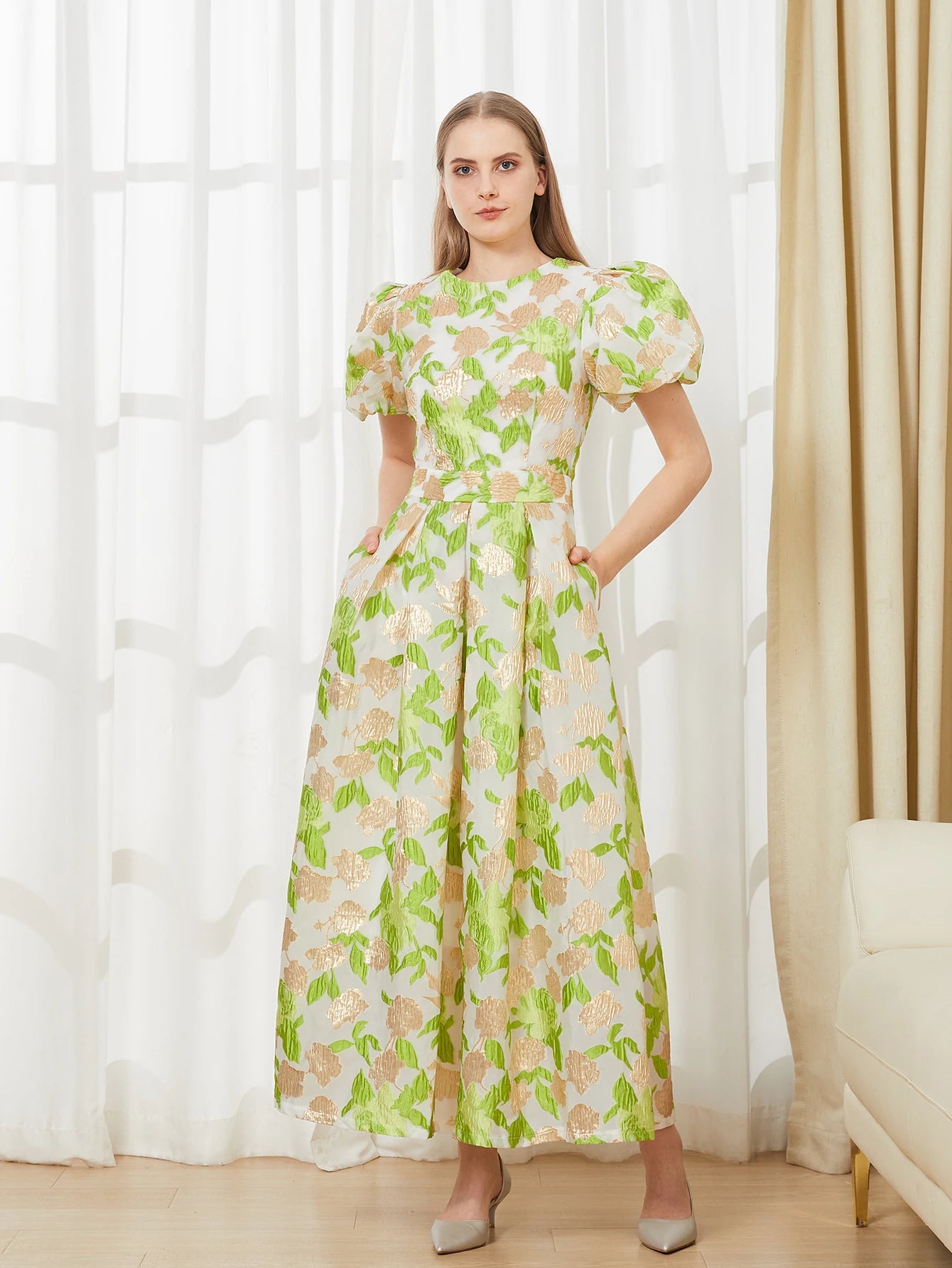 Luxury Women’s Puff Sleeve Embroidered Jacquard Party Dress – Elegant Prom Gown