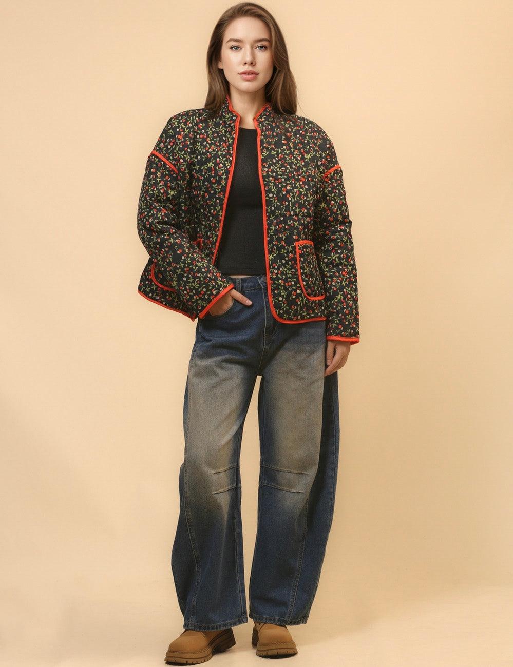 Ladies Floral Printed Cotton-Padded Jacket