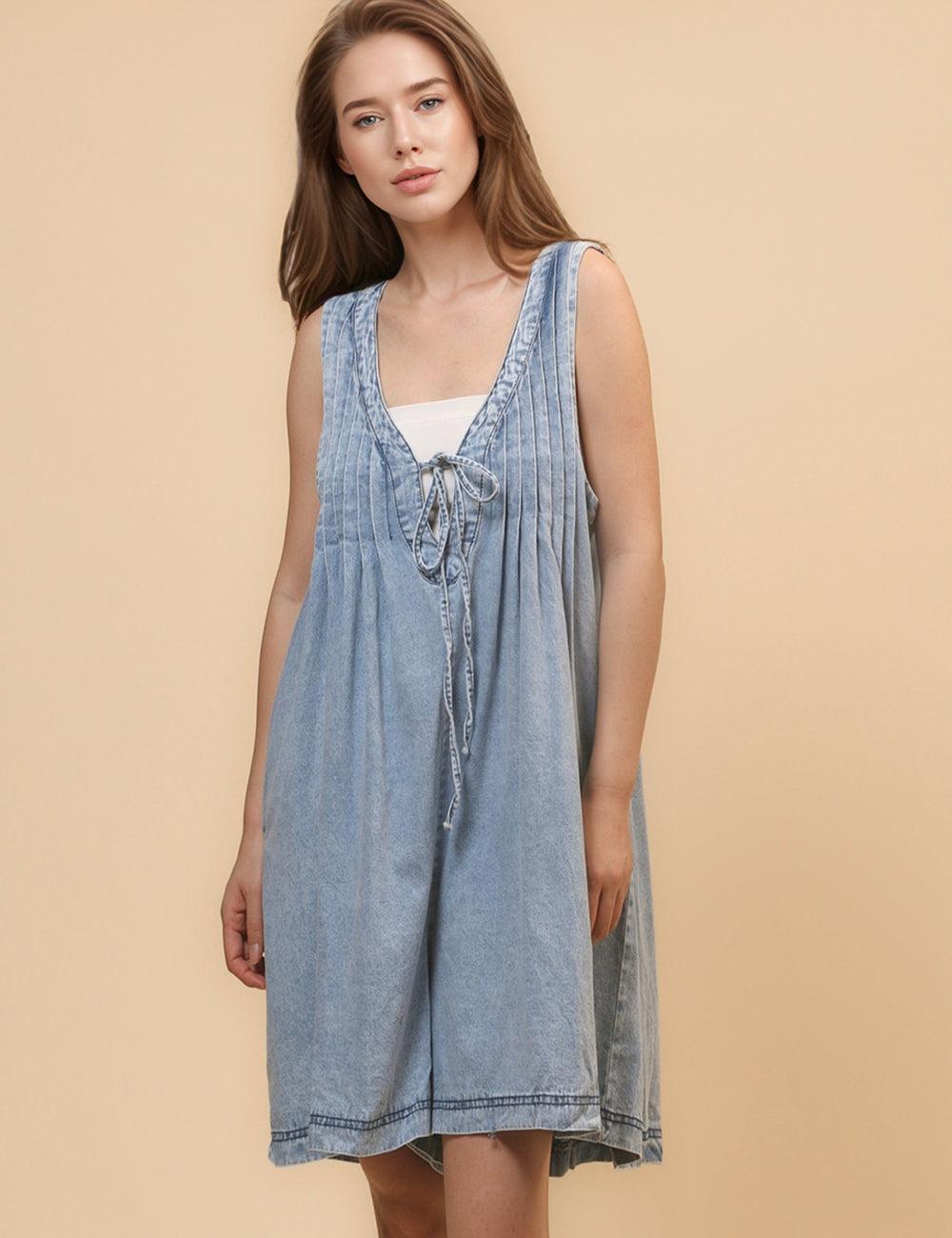 Ladies Tie Front V-Neck Sleeveless Denim Romper