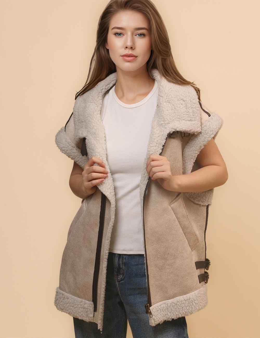 Ladies Suede Fleece Splicing Sleeveless Vest