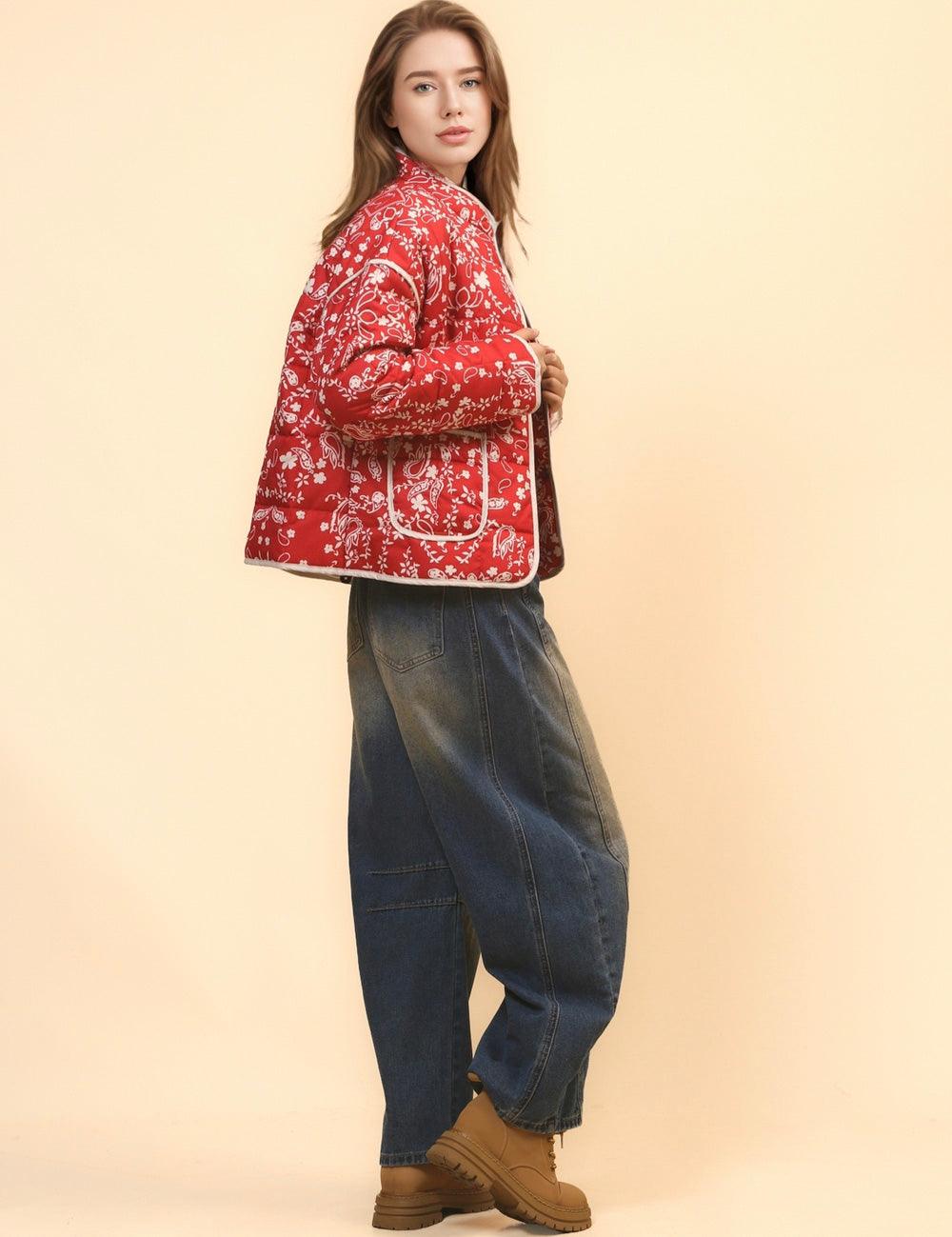 Ladies Floral Printed Cotton-Padded Jacket