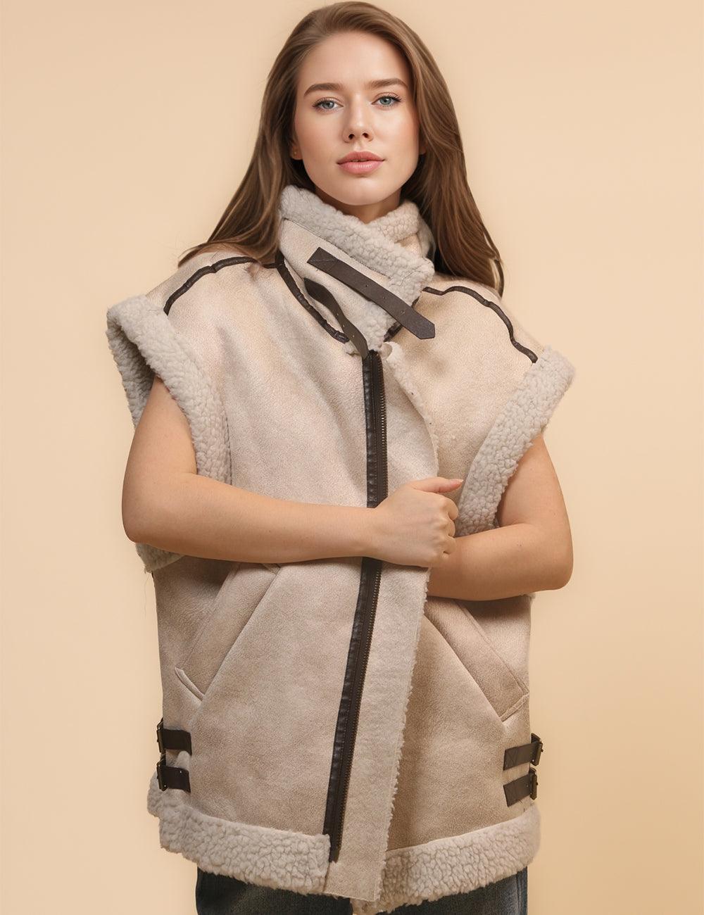 Ladies Suede Fleece Splicing Sleeveless Vest