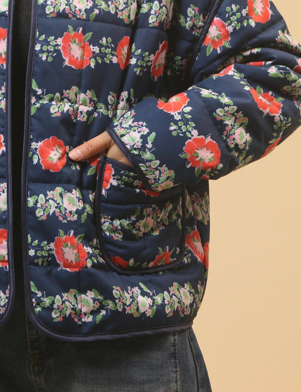Ladies Floral Printed Cotton-Padded Jacket