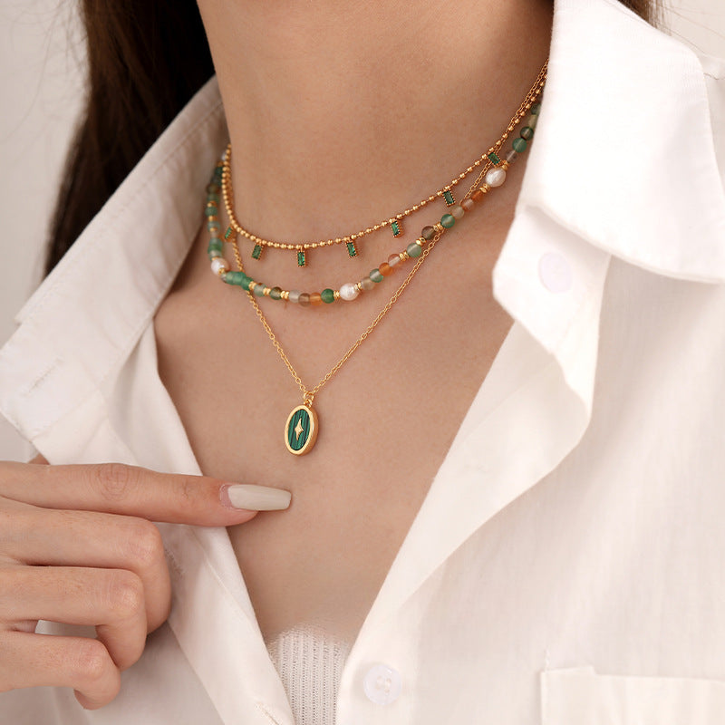 Peacock Green Zircon Pearl Layered Necklaces