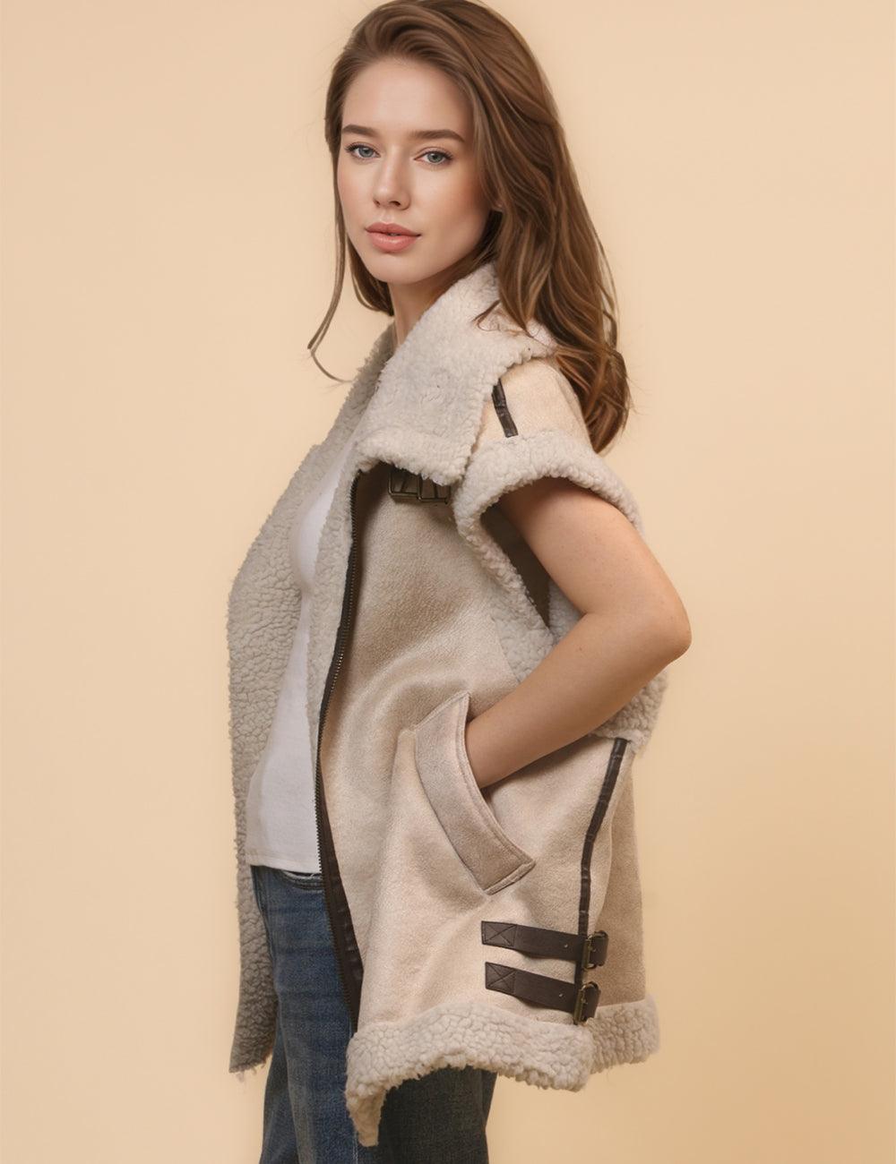 Ladies Suede Fleece Splicing Sleeveless Vest