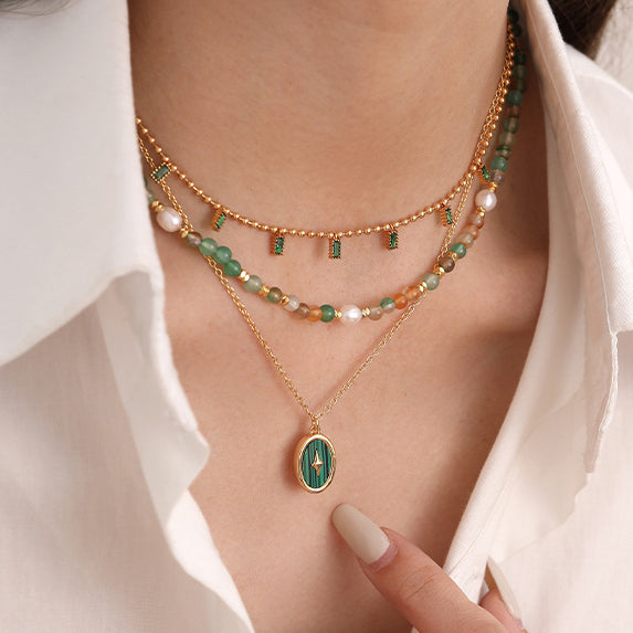 Peacock Green Zircon Pearl Layered Necklaces