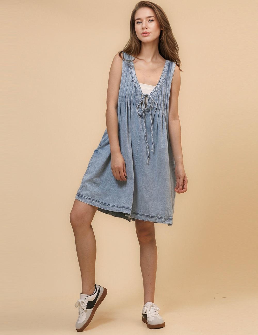 Ladies Tie Front V-Neck Sleeveless Denim Romper