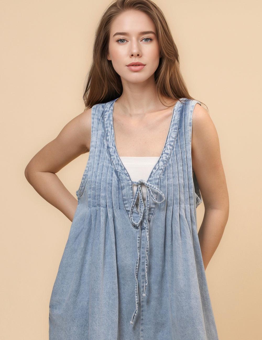 Ladies Tie Front V-Neck Sleeveless Denim Romper