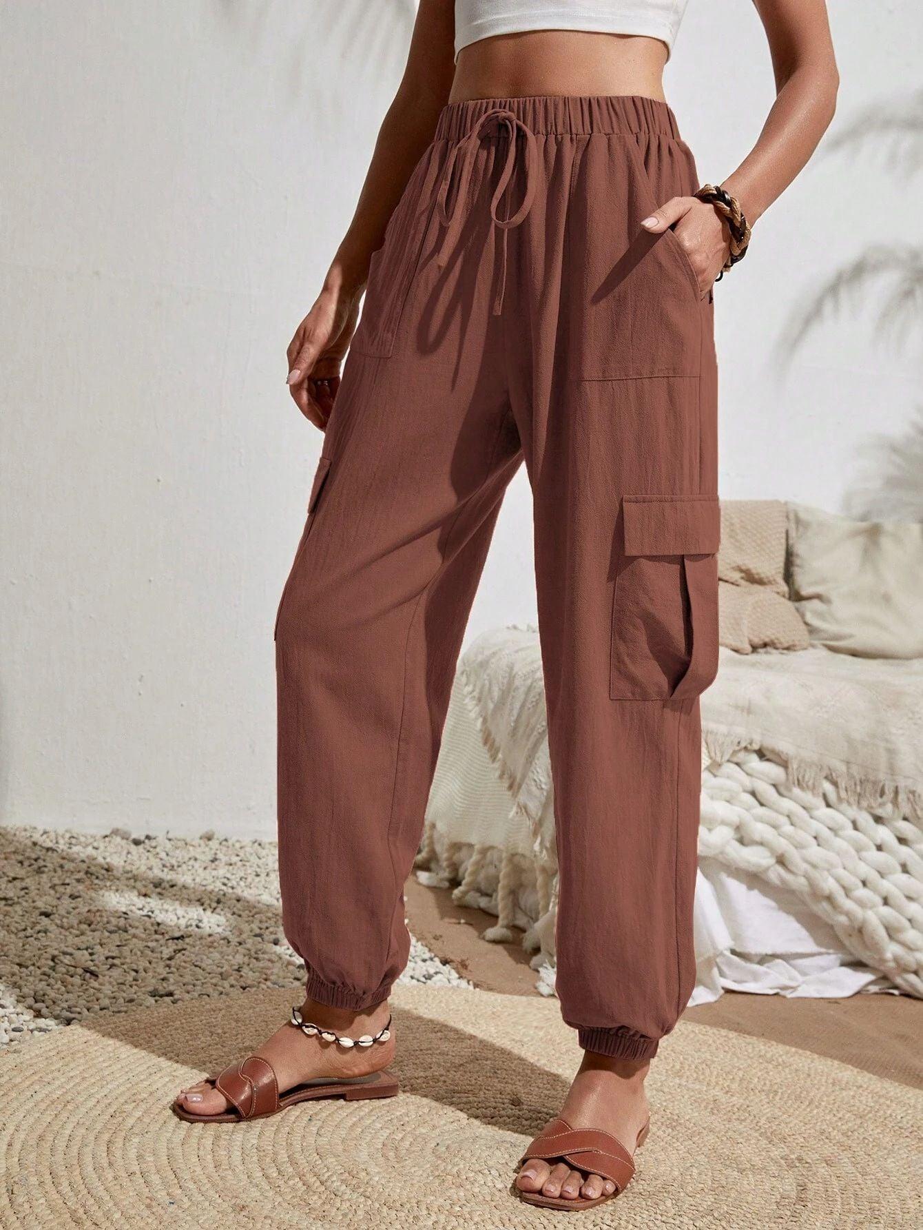 Ladies Elastic Waist Solid Color Cargo Pants AXR281 - SWEETKAMA